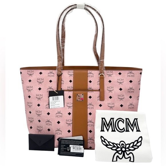 MCM New With Tags Anya Top Zip Shopper Soft Pink Black Logo Canvas/ Leather Tote - Picture 2 of 13